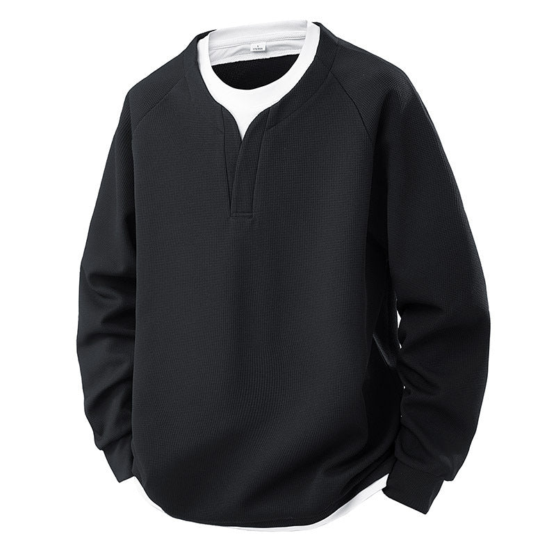 False-two-piece Trendy V-neck Waffle Sweater Casual All-matching Tops