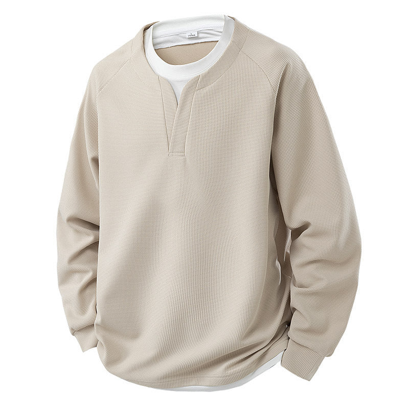 False-two-piece Trendy V-neck Waffle Sweater Casual All-matching Tops