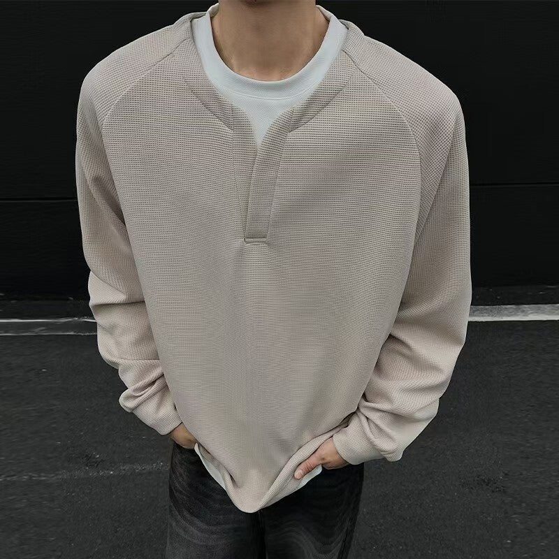 False-two-piece Trendy V-neck Waffle Sweater Casual All-matching Tops