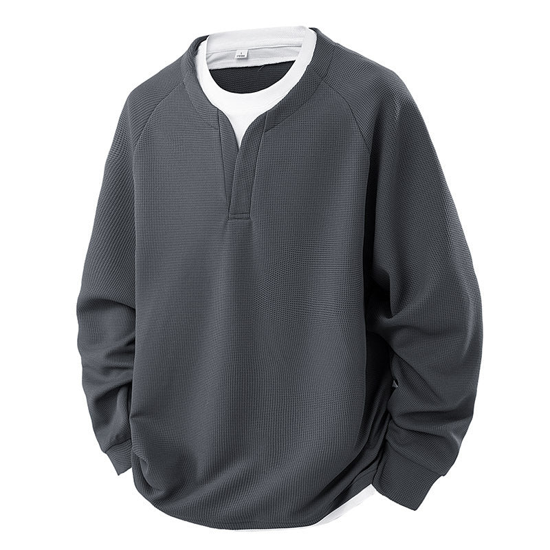False-two-piece Trendy V-neck Waffle Sweater Casual All-matching Tops